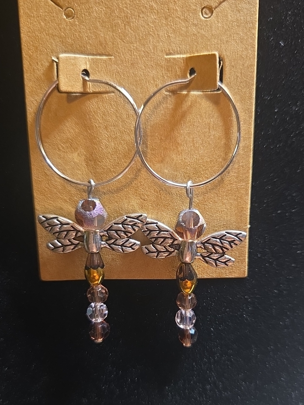Handmade Silver Dragonfly Hoop Earrings with Purple and Gold Beads